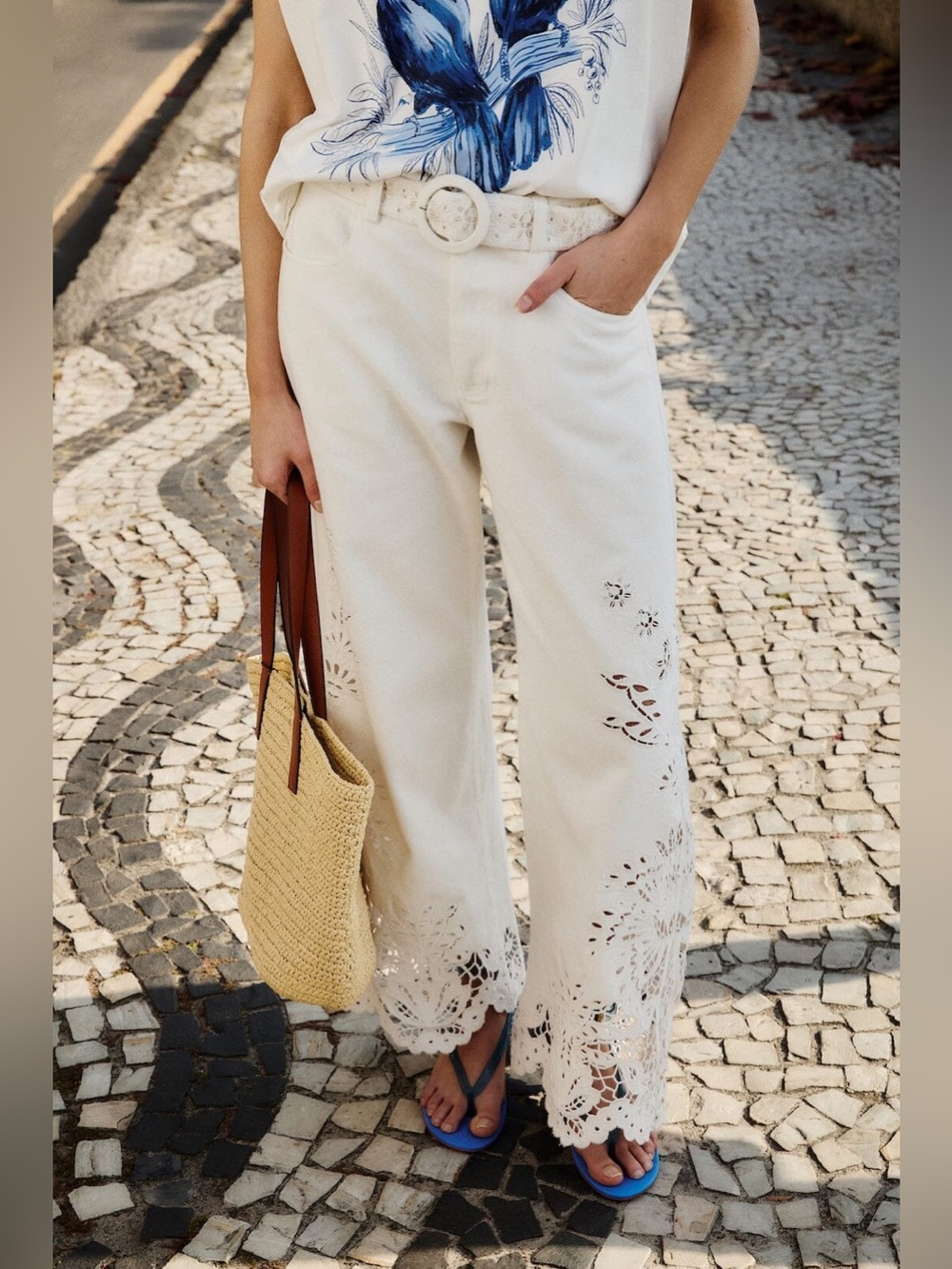 FARM Rio Cream Wide-Leg Pants with Crochet Cutouts